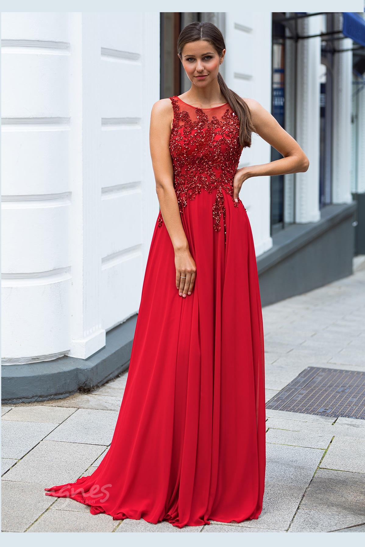 spolecenske-saty-na-ples-dlouhe-cervene-CHK0036-evening-dress-made-of-chiffon-with-glitter-decor-in-salsa-red šaty na maturitní ples praha